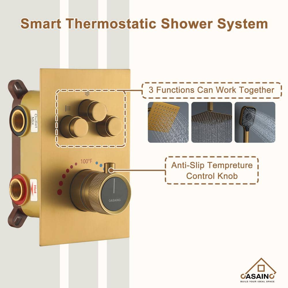 12-Inch Brushed Gold Thermostatic Dual Shower System with Handheld