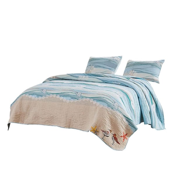 Benjara 3-Piece Blue Solid Queen Size Linen Quilt Set
