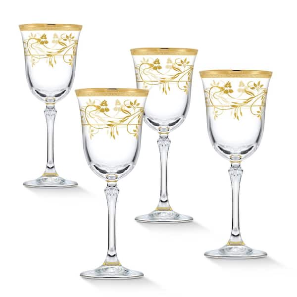 Lorren Home Trends 7 oz. Traditional Floral and Gold White Wine Goblet Set (Set of 4)