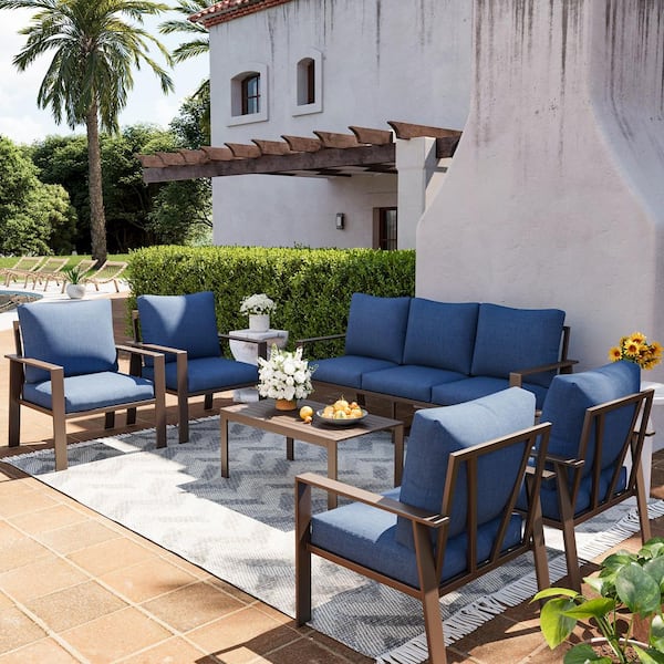 6-Piece Aluminum Patio Conversation Set With Navy Cushion