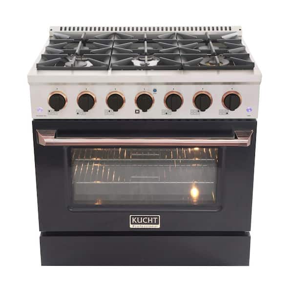 Kucht Custom KNG 36 in. 5.2 cu. ft. Propane Gas Range with Convection Oven in Black with Black Knobs and Rose Gold Handle