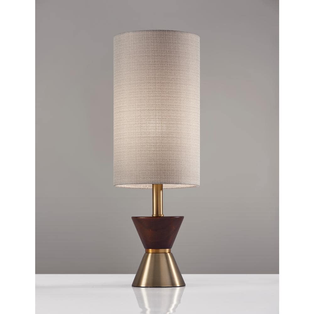 Antique Brass & Walnut Rubberwood Desk Lamp with Textured Beige Shade