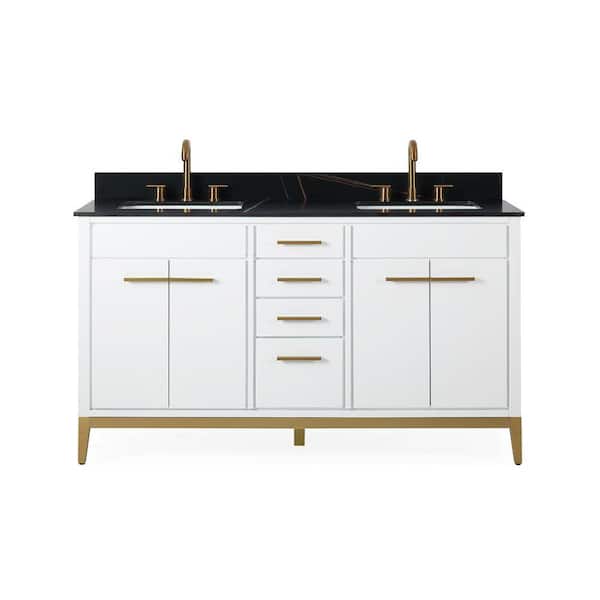 Benton Collection White 60 in. W x 22 in. D x 35 in. H Bathroom Vanity in White Color with Black sintered Stone Top