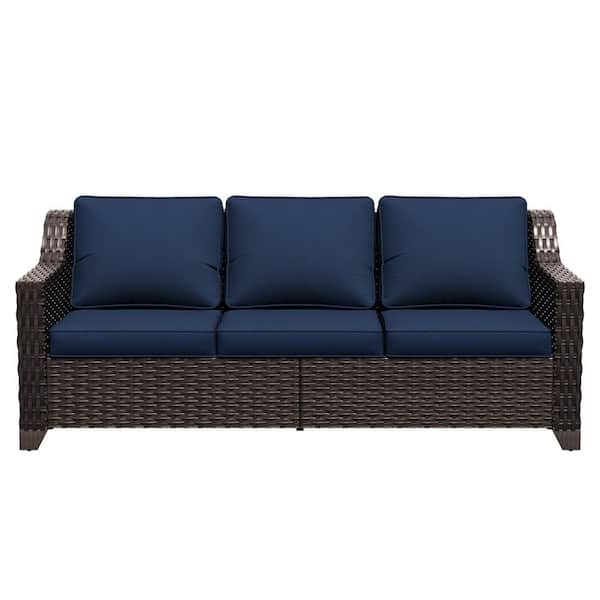 Wicker Outdoor Patio Sectional Sofa with Navy Blue Cushions