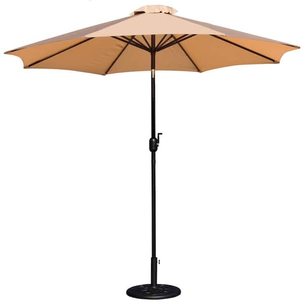 Carnegy Avenue Bundled Set 9 ft. Round Market Umbrella and Universal Black Cement Waterproof Base in Tan