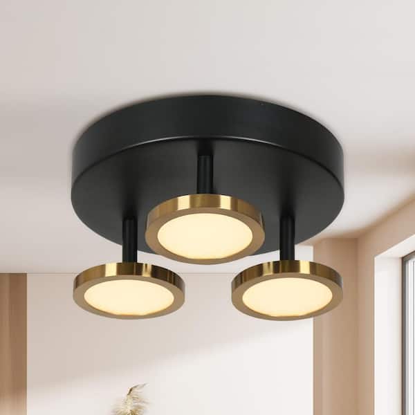 Zevni Adjustable 9 in. Modern 3-Light Black Integrated LED Semi-Flush Mount, Industrial Brass Round Ceiling Light for Entryway
