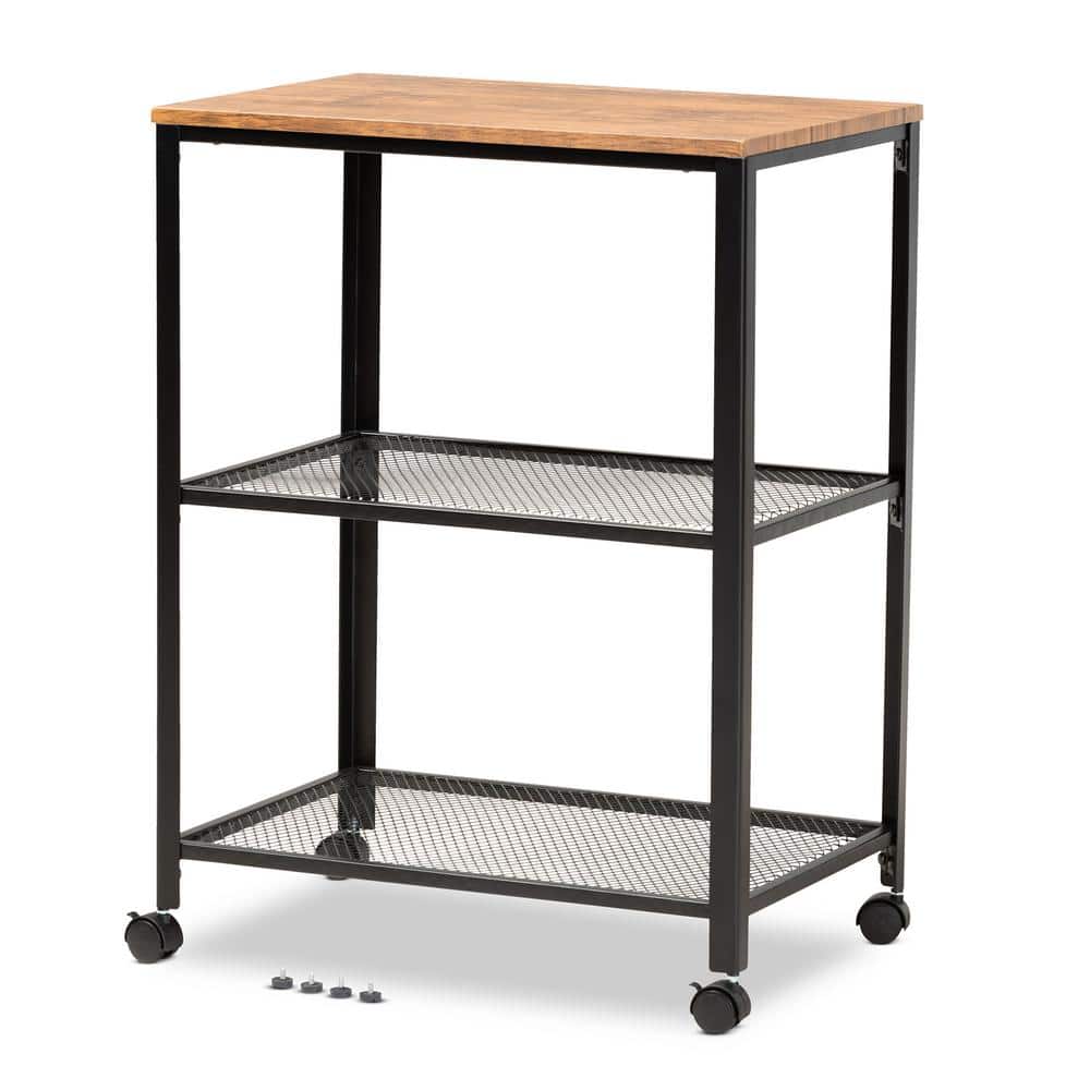 Verna Oak Brown and Black Wood Kitchen Serving Cart with Storage