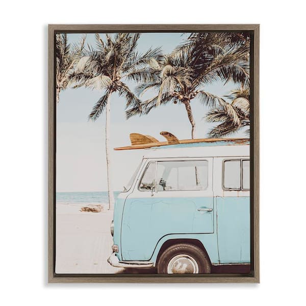 Stupell Industries Retro Surfboard and Van by LSR Design Studio Brown Floater Frame Sports Graphic Art Print 21 in. x 17 in.