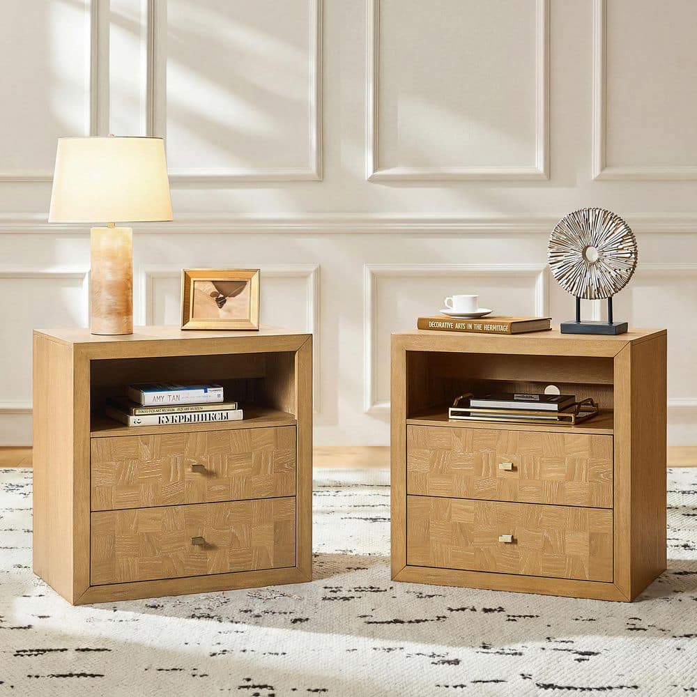 Laleh Natural Modern 2-Drawers 28 in. W NightStand with No Assembly Required Set of 2