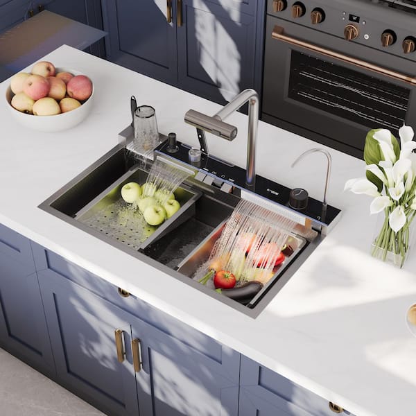 29.5 in. Drop-in Single Bowl Black 18 Gauge Stainless Steel Kitchen Sink with Digital Display Pull-Down Faucet