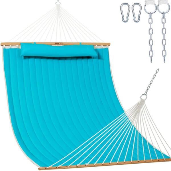 12FT Double Quilted Hammock with Spreader Bar & Detachable Pillow,450LBS Capacity,Aqua