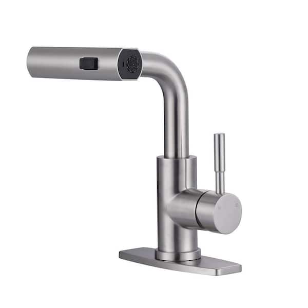 Modern Single Handle Pull Down Bar Faucet with 3-Modes Sprayer and Deckplate in Brushed Nickel