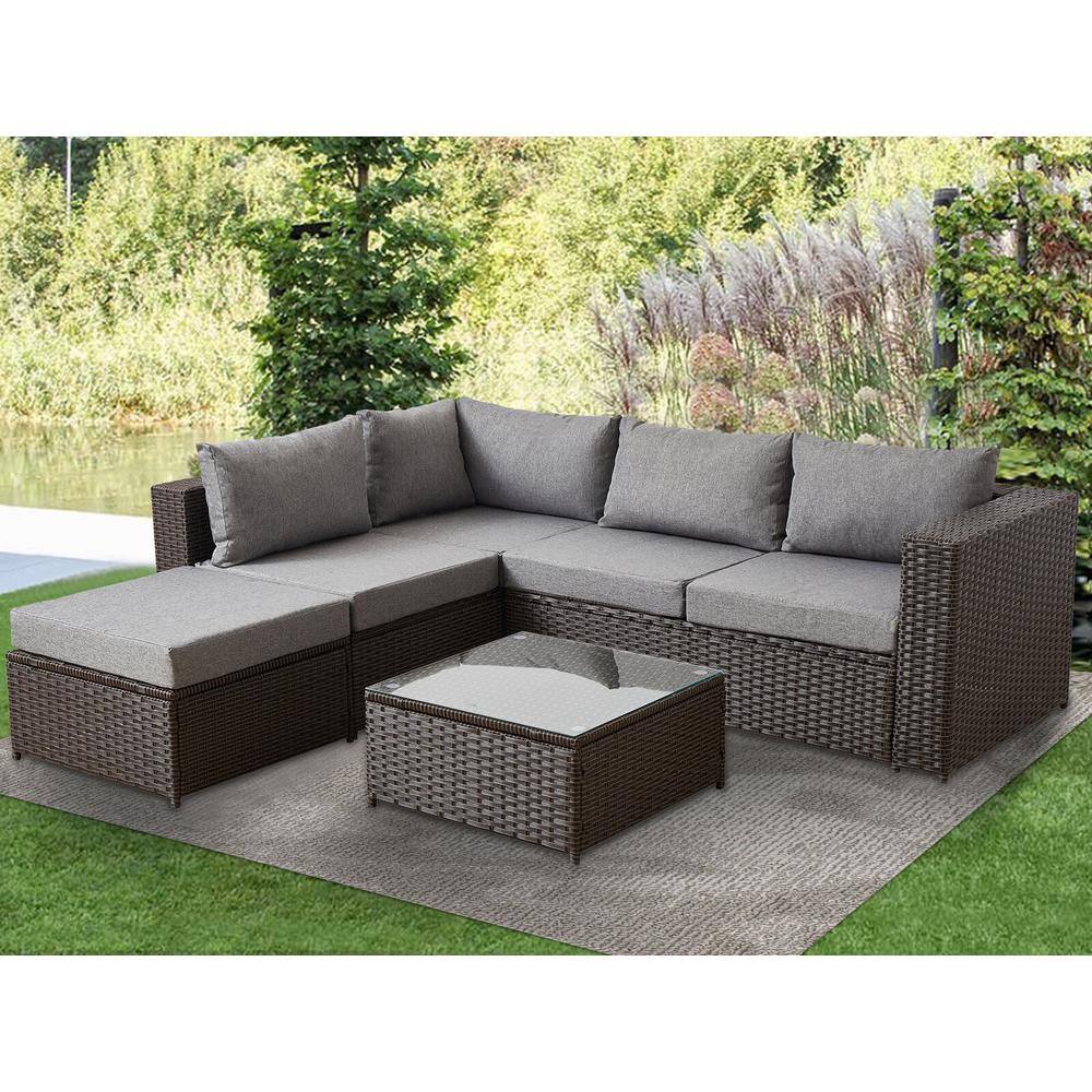 Brown 4-Piece Wicker Patio Furniture Sets All Weather Outdoor Sectional Sofa Set with Light Grey Cushions and Table