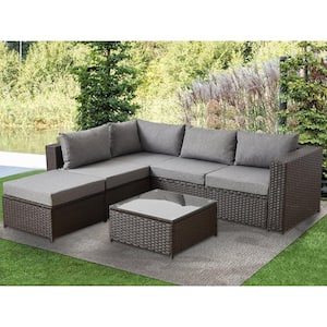 Brown 4-Piece Wicker Patio Furniture Sets All Weather Outdoor Sectional Sofa Set with Light Grey Cushions and Table