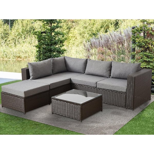 GOOEEN Brown 4-Piece Wicker Patio Furniture Sets All Weather Outdoor Sectional Sofa Set with Light Grey Cushions and Table