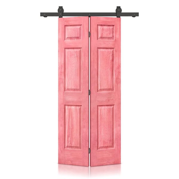 CALHOME 24 in. x 84 in. Antique Red Stain 6-Panel MDF Hollow Core Composite Bi-Fold Barn Door with Sliding Hardware Kit