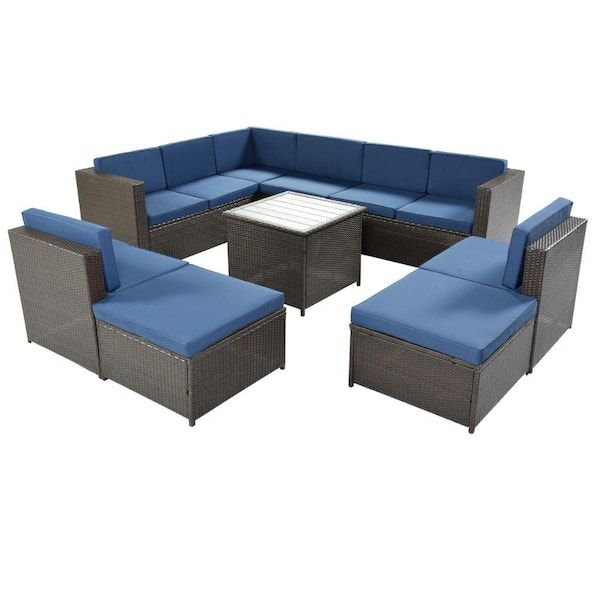 Benjara 9 -Piece Blue Rattan Wicker Frame Outdoor Patio Sectional Sofa Set with Coffee Table and Cushions