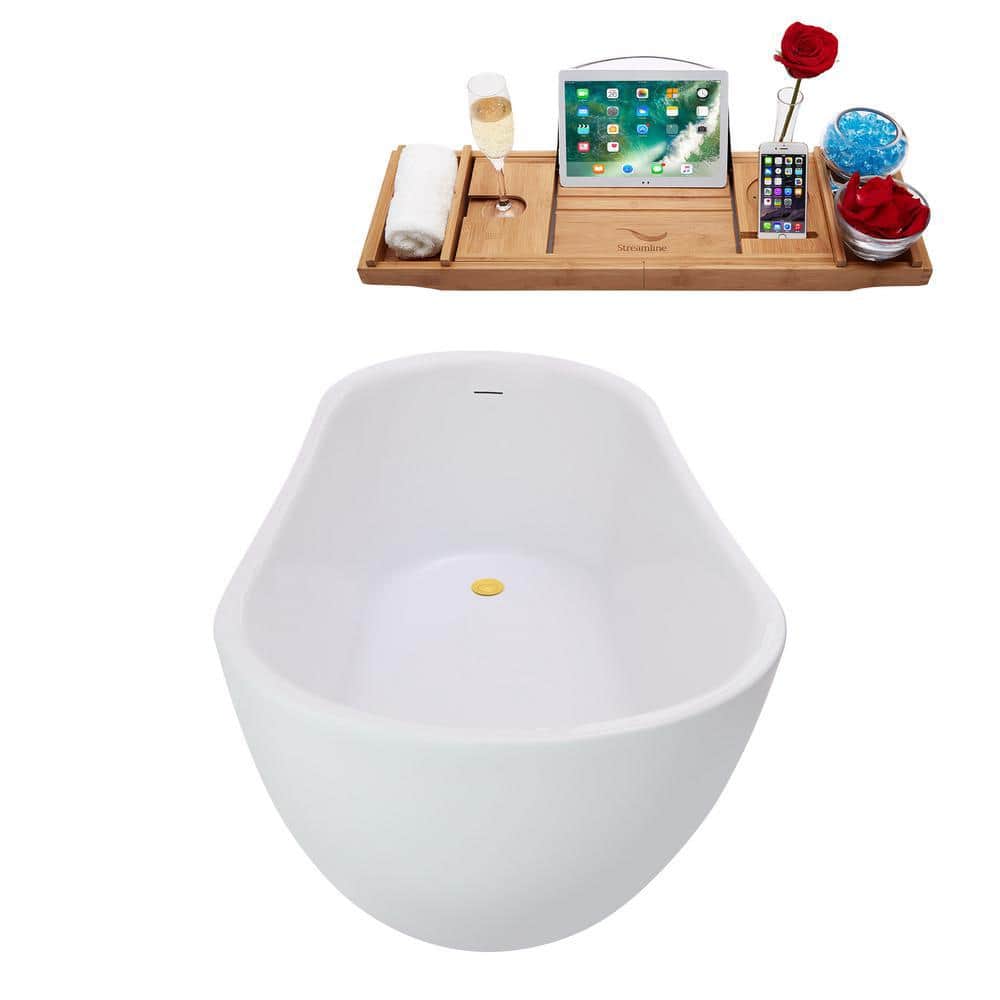 59'' Glossy White Freestanding Acrylic Bathtub with Gold Trim