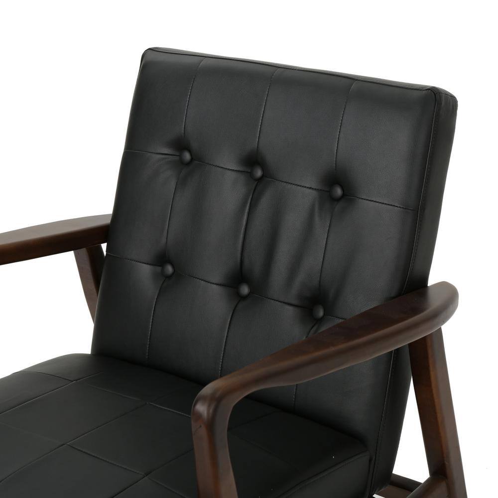 Black Faux Leather and Birch Wood Mid Century Modern Accent Chair