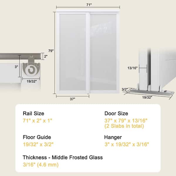 72 in. x 80 in. 1 Lite White Tempered Frosted Glass Closet Sliding Door with Hardware