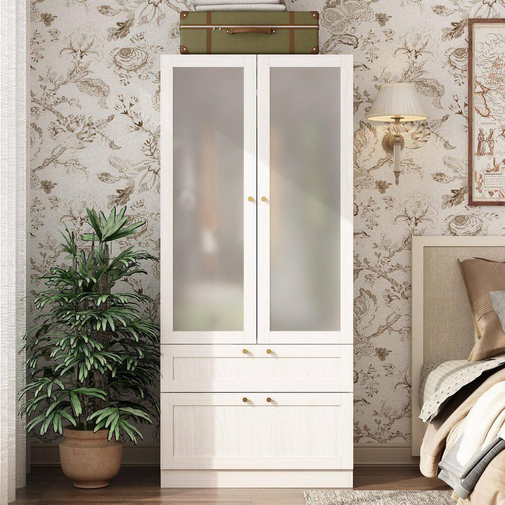 Light Oak Wood 31.5 in. Bedroom Armoire with Frosted Tempered Glass Doors, Hanging Rod and 2-Drawers - thumbnail 4