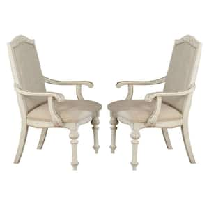 White Fabric Arm chair with Intricate Carvings (Set of 2)