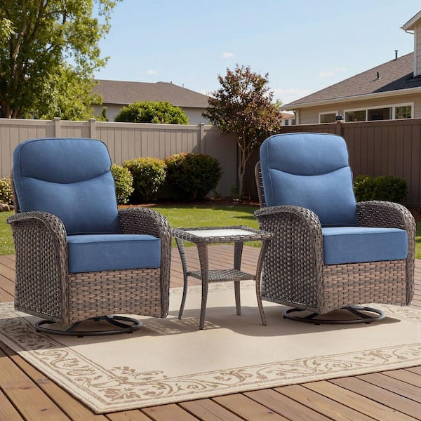 High Crescent 3-Piece Brown Wicker Patio Conversation Set with Blue Cushions