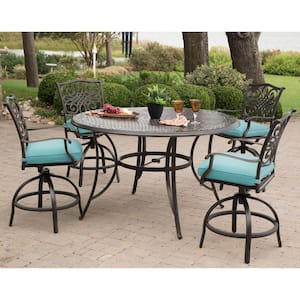 Traditions 5-Piece Aluminum Round Outdoor High Dining Set with Swivel Chairs with Blue Cushions