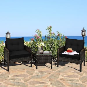 3-Piece Rattan Patio Conversation Furniture Set Yard Outdoor with Black Cushions