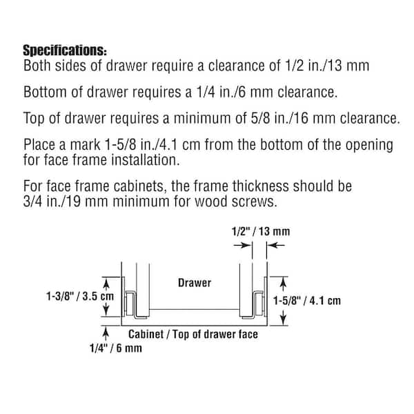 Self-Closing Design –Fits Most Bottom/ Side-Mounted Drawer Systems –15-3/4” Steel Tracks, Plastic Wheels, White (1-pair) Self-Closing Design –Fits Most Bottom/ Side-Mounted Drawer Systems –15-3/4” Steel Tracks, Plastic Wheels, White (1-pair)