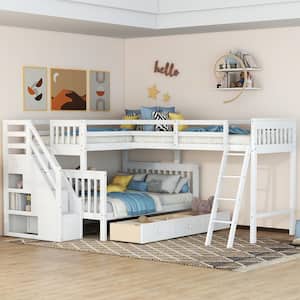 L Shaped White Bunk Bed for 3,Wood Triple Twin Over Full Size Bunk Bed Frame with 3-Storage Drawers,Ladder and Staircase