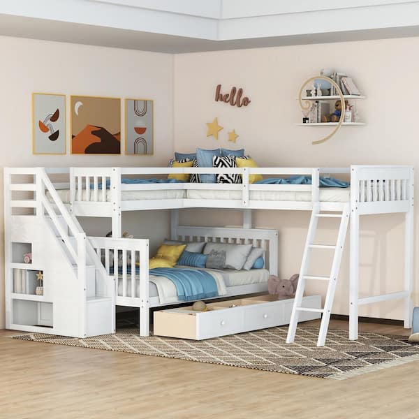 URTR L Shaped White Bunk Bed for 3,Wood Triple Twin Over Full Size Bunk Bed Frame with 3-Storage Drawers,Ladder and Staircase