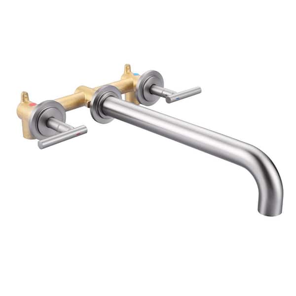 2-Handle Wall Mount Roman Tub Faucet with 12 in. Long Spout Reach in. Brushed Nickel (Valve Included)