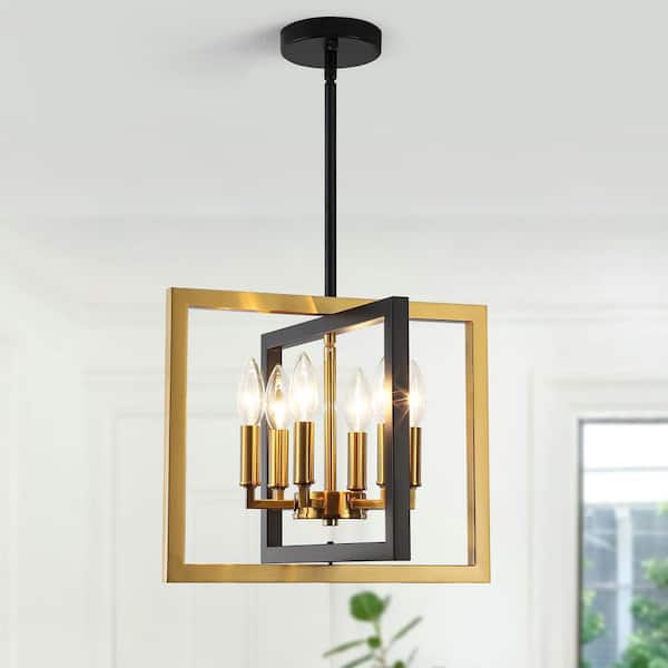 6-Light Black and Gold Geometric Candle Chandelier Modern Industrial Hanging Light Fixture for Dining Room