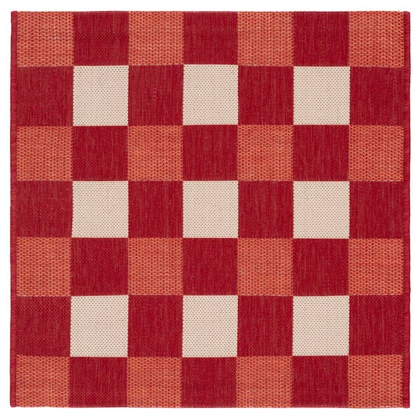 Courtyard Red/Beige 3 ft. x 3 ft. Plaid Grid Indoor/Outdoor Square Area Rug