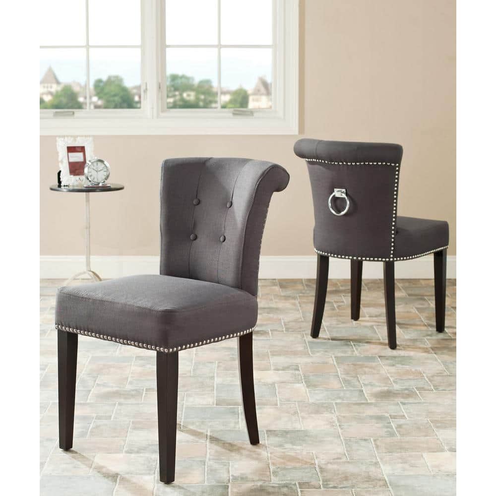 Espresso Finish Gray Linen Upholstered Parsons Side Chair