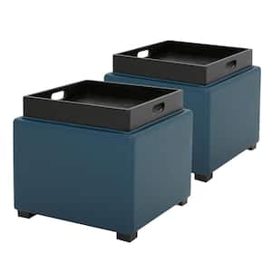 Riley 18 in. Wide Leather Contemporary Square Storage Ottoman with Tray Serve as Side Table in Dark Blue (Set of 2)