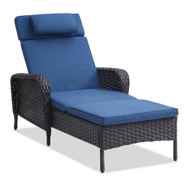 Brown Wicker Outdoor Folding Chaise Lounge Chair Fully Flat for Patio with CushionGuard Blue Seat Back Cushion