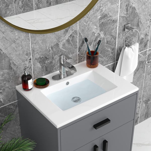 24 in. W x 18 in. D Porcelain Ceramic Drop In Single Bowl Bath Vanity Top Sink in White with 1 Faucet Hole and Overflow