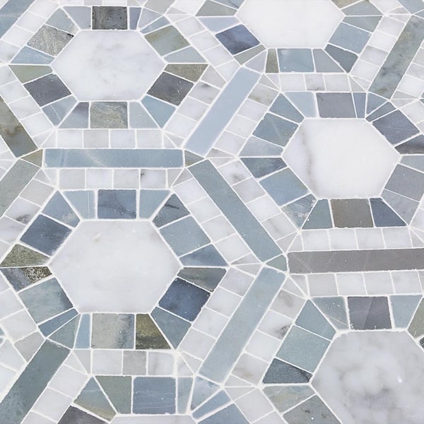 Kosmos Carrera and Moonstone Hexagon Blue 11-3/4 in. x 11-3/4 in. x 10 mm Polished Marble Mosaic Tile