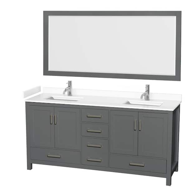 Wyndham Collection Sheffield 72 in. W x 22 in. D x 35 in. H Double Bath Vanity in Dark Gray with White Cultured Marble Top and 70" Mirror