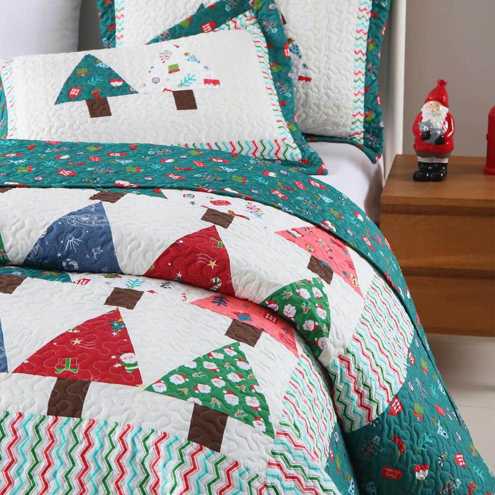 Blue Christmas Patchwork Cotton Queen Quilt Set