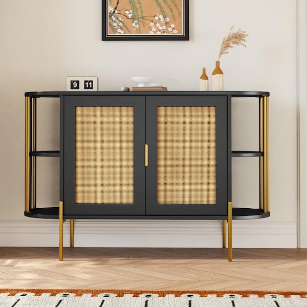 Harper & Bright Designs Black Wood 47.2 in. W Elegant Curved Sideboard with Gold Trim and Woven Rattan Doors