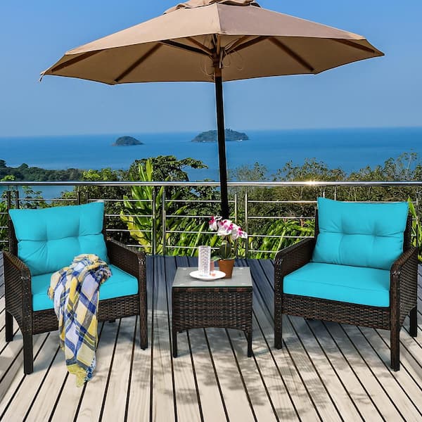 28 in. Brown Frame 3-Piece Plastic Rattan Patio Conversation Seating Set with Turquoise Cushions