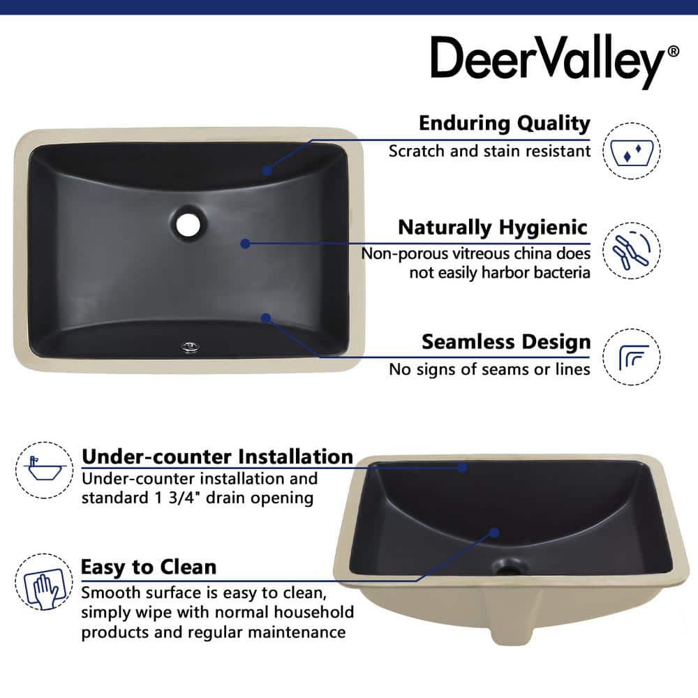 Matte Black Ceramic Rectangular Undermount Bathroom Sink with Overflow