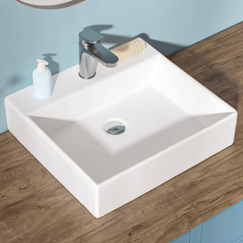 HOMLYLINK 20 in. Wall-Mounted Bathroom Sink Rectangular Ceramic Vessel Bathroom Sink in Glossy ...