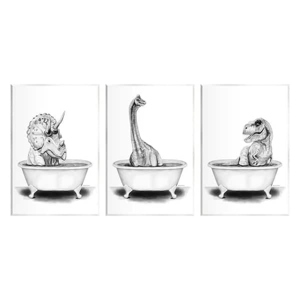 Dinosaurs Bathing Bathroom Tub by Rachel Nieman 3 Piece Unframed Animal Graphic Art Print 19 in. x 13 in.