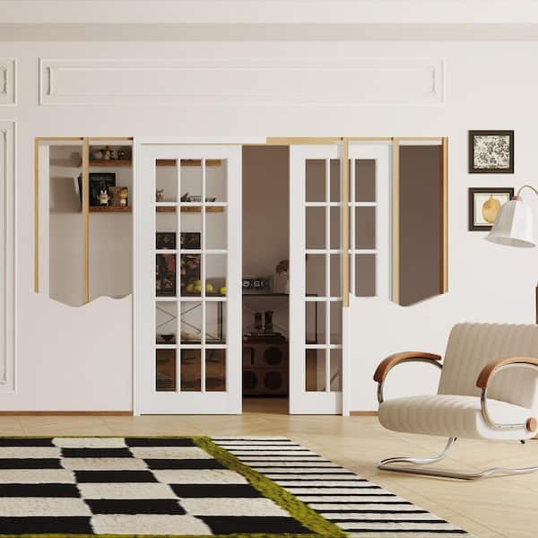 60 in. x 80 in. 15 Lite, Clear Glass, Composite, White Primed, MDF Sliding Pocket Door with Frame and Hardware Included