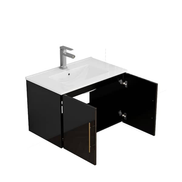 30 in. Black Wood Rectangle Vessel Sink Bathroom Vanity Combo with Double Doors, Soft-Close Hangers