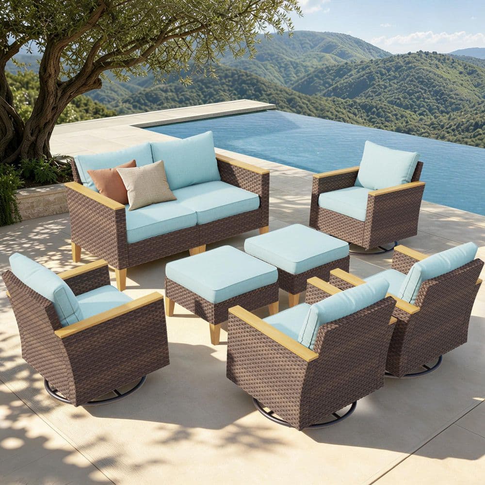 Brown Wicker Rattan 8 Seat 8-Piece Steel Outdoor Patio Sectional Set with Blue Cushions, 4 Swivel Sofas and 2 Ottomans price history on PriceWatchPro